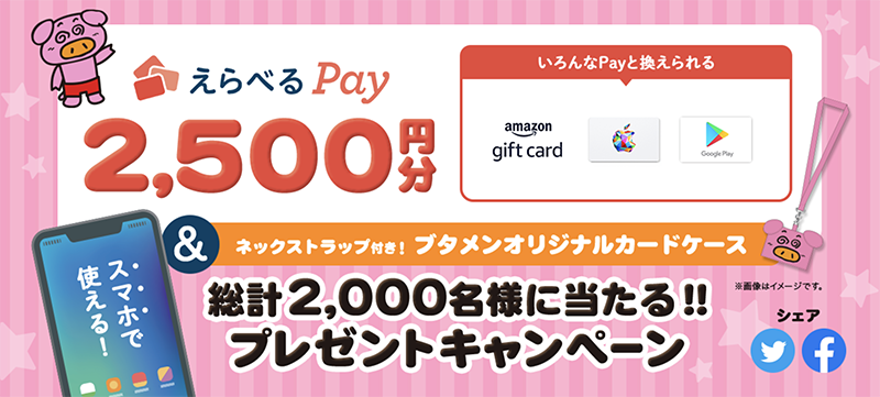えらべるPay2,500円分&ブタメンオリジナルカードケースが当たるクローズド懸賞