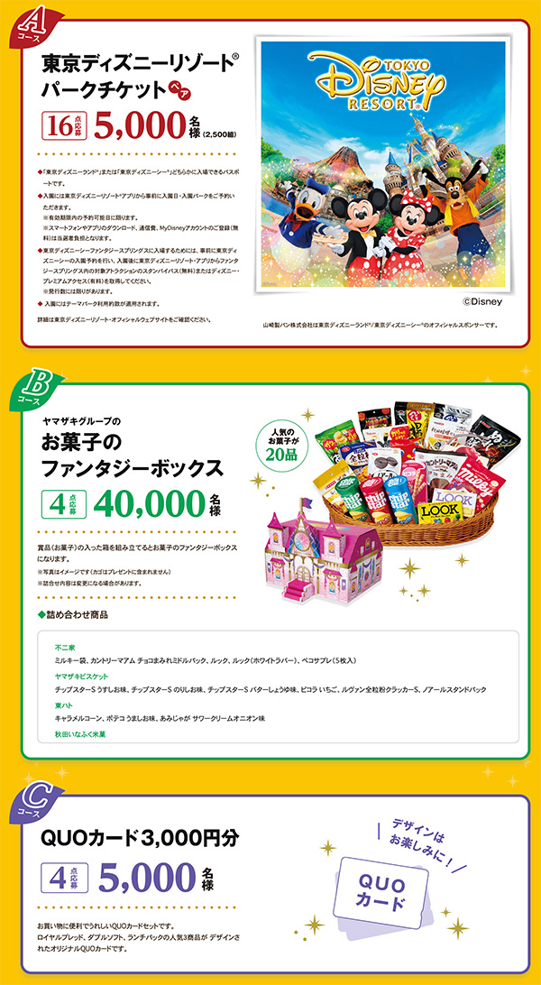 東京ディズニーリゾート パークチケット、お菓子のファンタジーボックス、QUOカード3,000円分