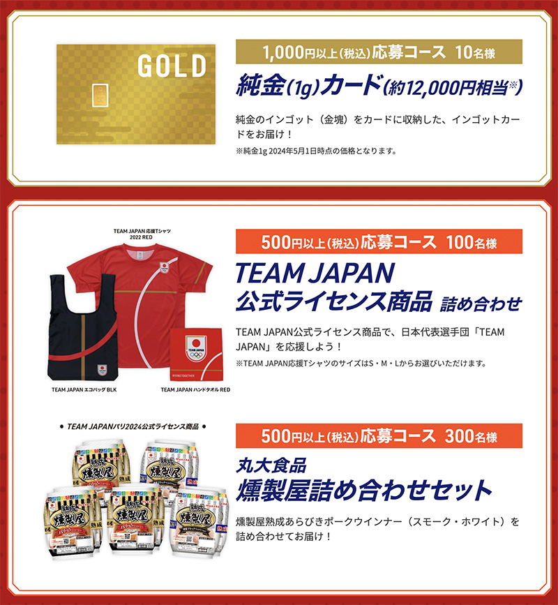 純金（1g）カード（約12,000円相当）、TEAM JAPAN公式ライセンス商品詰め合わせ など