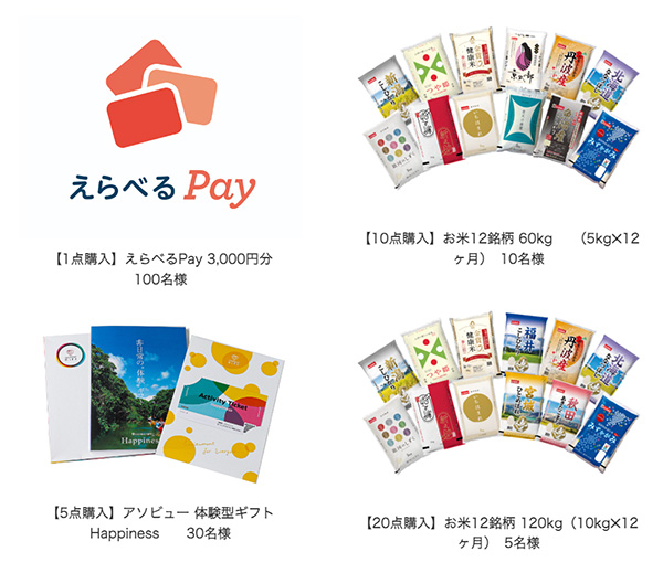 えらべるPay 3,000円分、アソビュー 体験型ギフト、お米12銘柄 最大120kg