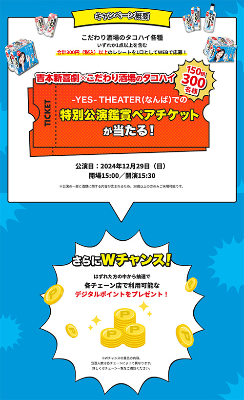 吉本新喜劇 特別公演鑑賞ペアチケット、各チェーンで使えるデジタルポイント