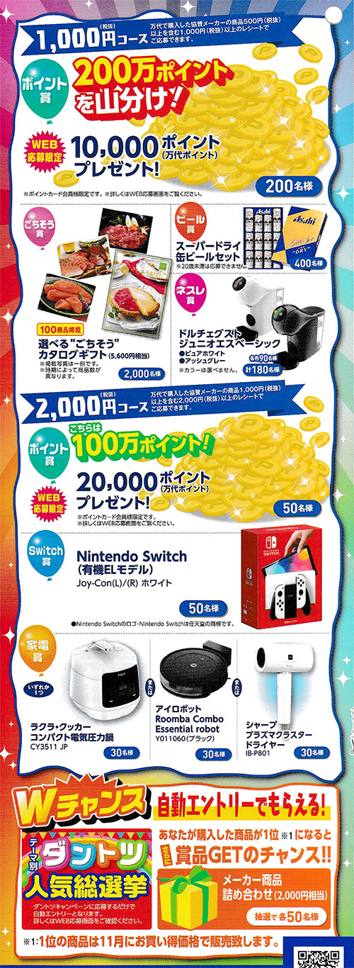 万代ポイント代々2万ポイント、選べる”ごちそう”カタログギフト、スーパードライ 缶ビールセット、Nintendo Switch、ティファール電気圧力鍋 など