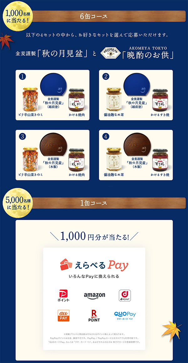 えらべるPay 1,000円分　、金麦謹製「秋の月見盆」とAKOMEYA TOKYO「晩酌のお供」（4種）