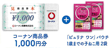 コーナン商品券1,000円分+ピュリナ ワン パウチ 1歳までの子ねこ用 2袋