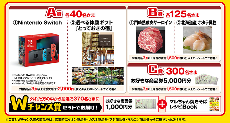 Nintendo Switch、選べる体験ギフト 『とっておきの宿』、門崎熟成肉サーロイン、好きな商品券5,000円分 など