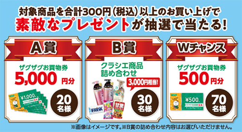 ザグザグお買物券最大5,000円分、クラシエ商品詰め合わせ3,000円相当