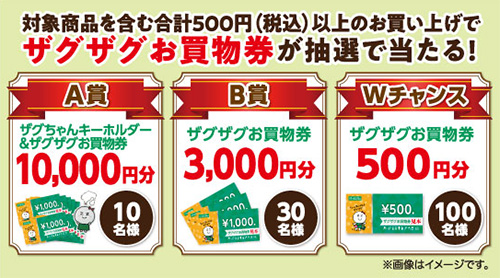 ザグちゃんキーホルダー＆ザグザグお買物券10,000円分、ザグザグお買物券3,000、ザグザグお買物券500円分