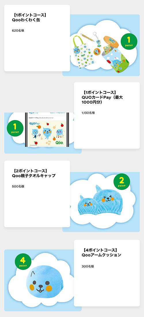 Qooわくわく缶、QUOカードPay 最大 1000円分、Qoo親子タオルキャップ、Qooアームクッション