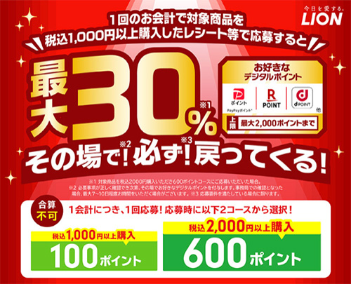 LION お洗濯・おそうじ用品購入で最大30％戻ってくる！キャンペーン