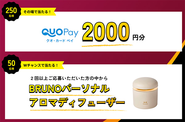 QUOカードPay2,000円分、BRUNOパーソナル アロマディフューザー