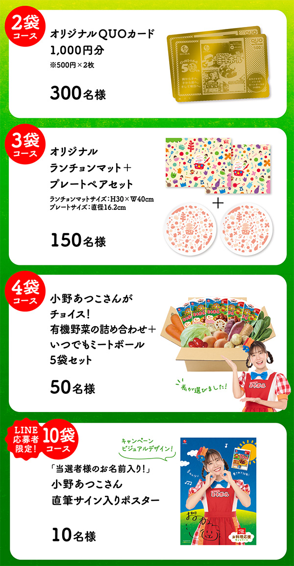 QUOカード1,000円分、ランチョンマット＋プレートペアセット、有機野菜の詰め合わせ＋いつでもミートボール5袋セット、小野あつこさん直筆サイン&名前入りポスター 