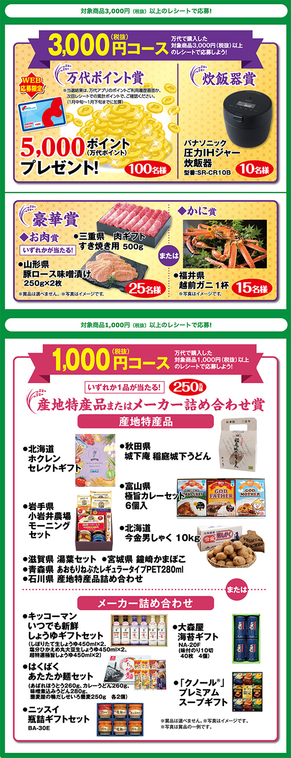 万代ポイント5,000ポイント、パナソニック 圧力IHジャー 炊飯器、肉ギフト すき焼き用、豚ロース味噌漬け、越前ガニ など