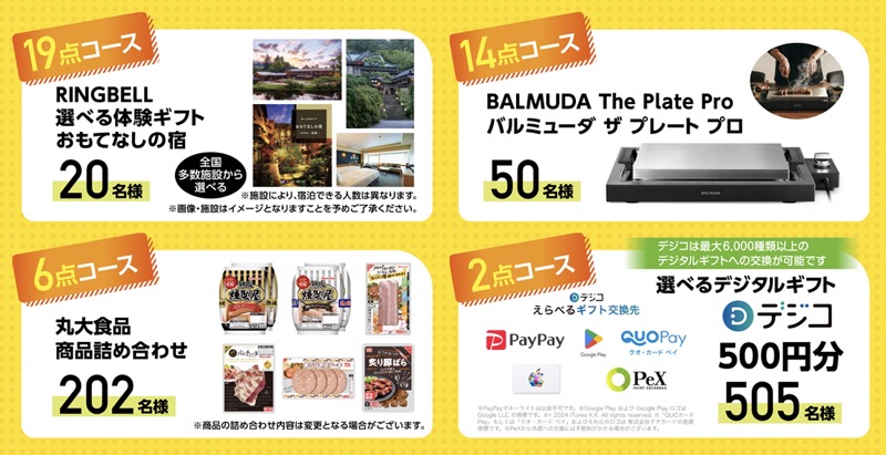 RINGBELL 選べる体験ギフトおもてなしの宿、BALMUDA The Plate Pro、丸大食品 商品詰め合わせ、選べるデジタルギフト デジコ500円分