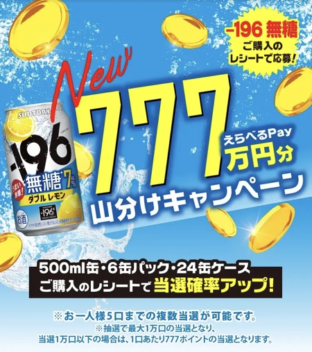 サントリー ー196無糖えらべるPay777万円分山分けキャンペーン