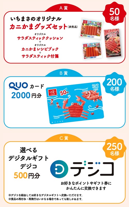 カニかまグッズセット、QUOカード 2,000円分、デジコ 500円分