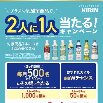 キリン プラズマ乳酸菌商品で2人に1人当たる！キャンペーン