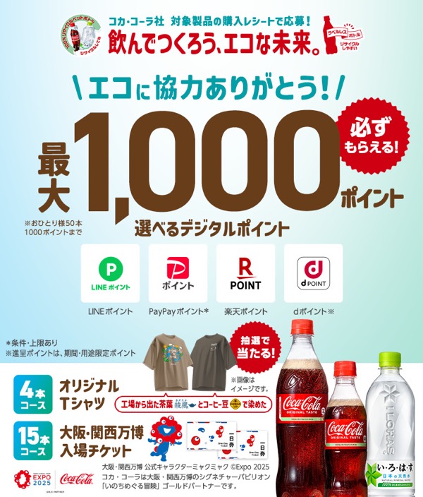 コカ・コーラ 必ずもらえる！最大1,000ポイント！コカ･コーラ社 飲んでつくろう、エコな未来！