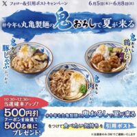 丸亀製麺 鬼おろし 500円引きクーポンが当たるXキャンペーン