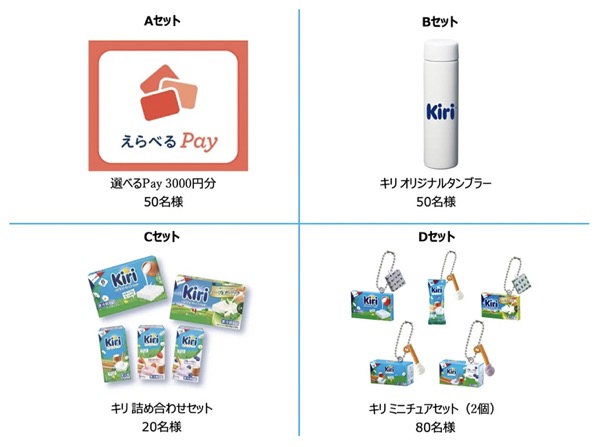 えらべるPay3,000円分、タンブラー、キリ詰め合わせなど