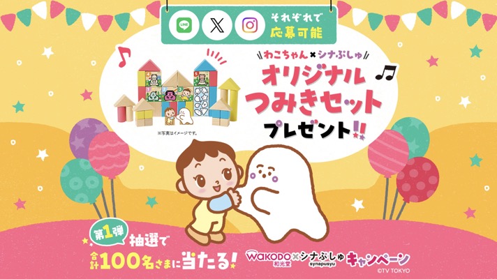 わこちゃん×シナぷしゅ オリジナルつみきセット、選べる月齢セットが当たる！和光堂のキャンペーン