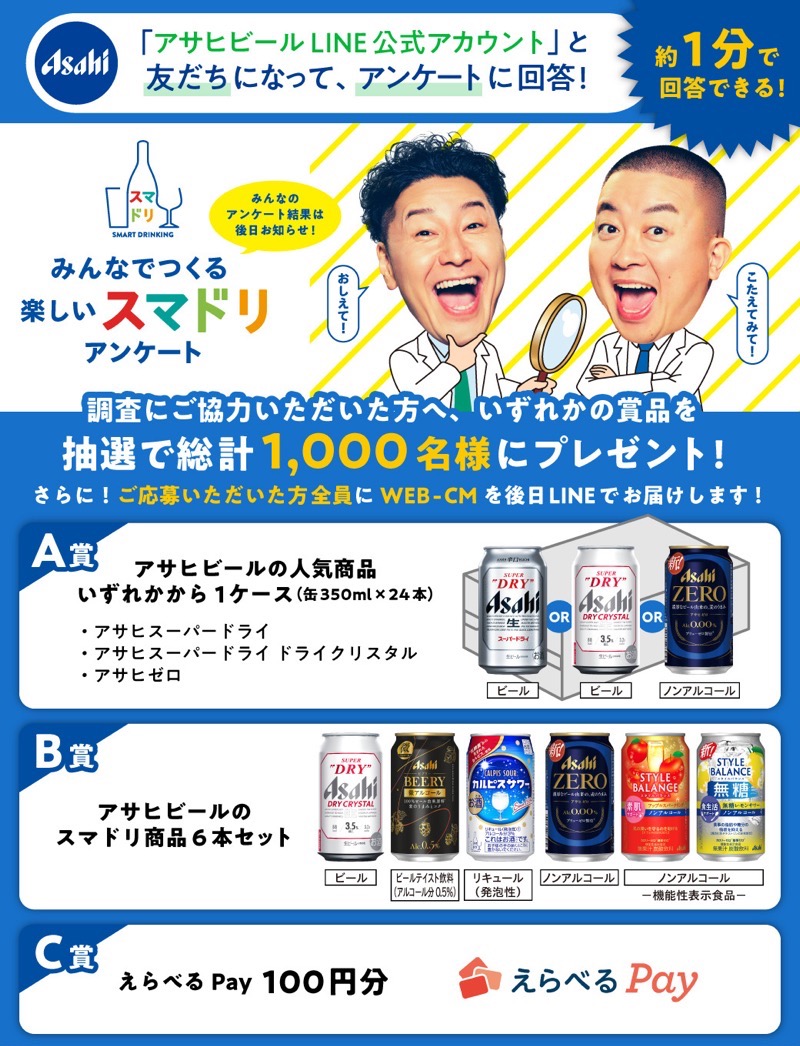 スマドリ商品6本セット、えらべるPay 100円分などが当たる！アサヒビールのキャンペーン