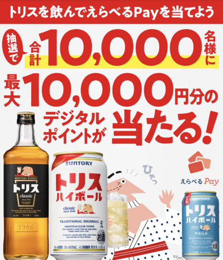 サントリー トリス 抽選で合計10,000名様に最大10,000円分のデジタルポイントが当たるキャンペーン