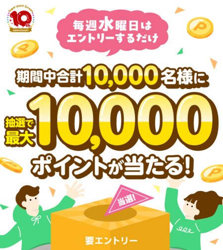 楽天スーパーポイントスクリーン 10年分の感謝を込めて 毎週水曜日はエントリーするだけ！抽選で最大10,000ポイントが当たる！
