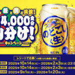 キリンビール キリン のどごし「赤と緑と黄の共演!合計14,000食分山分け!」キャンペーン