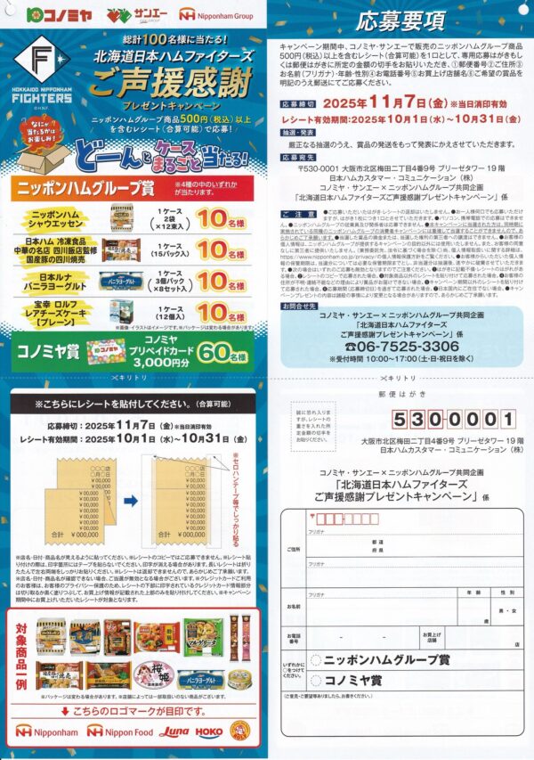 コノミヤ×ニッポンハム 北海道日本ハムファイターズ ご声援感謝プレゼントキャンペーン