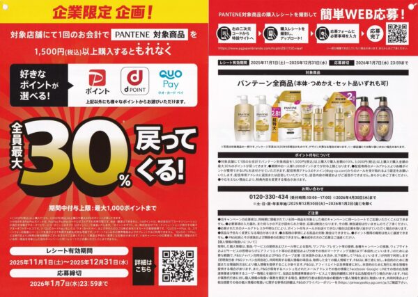 P&G PANTENE 企業限定 全員最大30%戻ってくる！懸賞チラシ