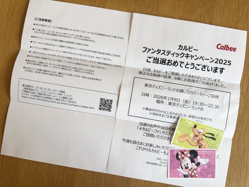 ディズニー貸切チケットと当選通知と注意事項の紙