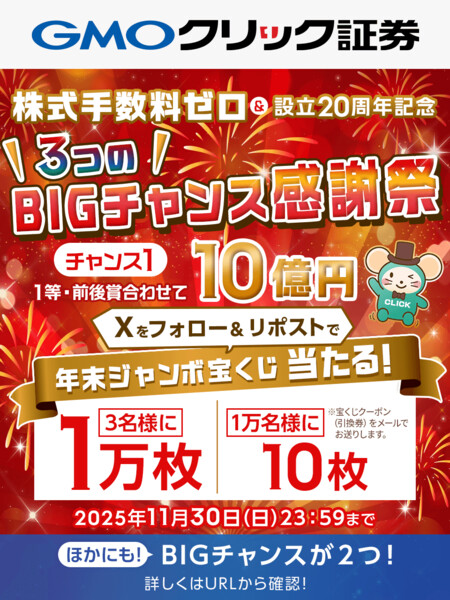 GMOクリック証券 株式手数料ゼロ&20周年記念 宝くじ抽選キャンペーン