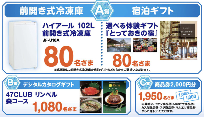 ハイアール冷凍庫、宿泊ギフト、カタログギフト など