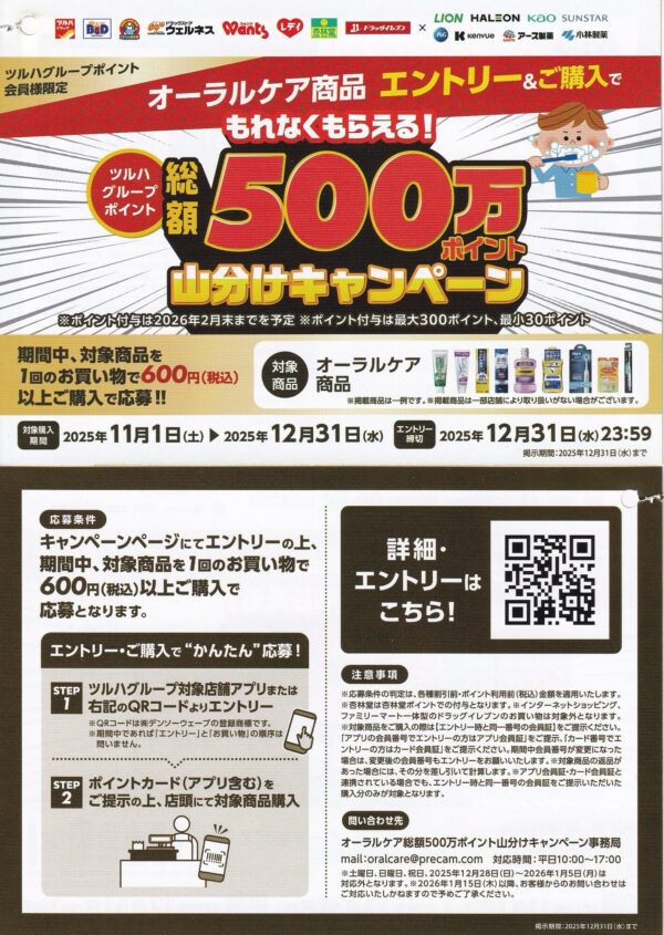 ツルハグループ オーラルケア総額500万ポイント山分けキャンペーン 懸賞チラシ