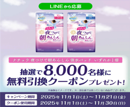 ナチュラ 夜つけて朝あんしん吸水パッド サンドラッグ無料引換クーポン LINEプレゼントキャンペーン
