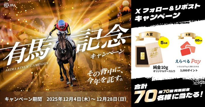 純金10g、えらべるPay 3,000ポイントが当たる！JRAのXプレゼントキャンペーン