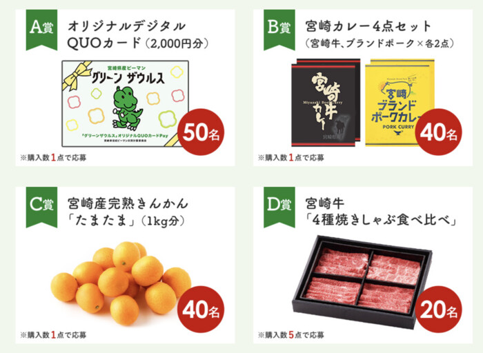 QUOカードPay 2,000円分、宮崎牛 4種焼きしゃぶ食べ比べ など
