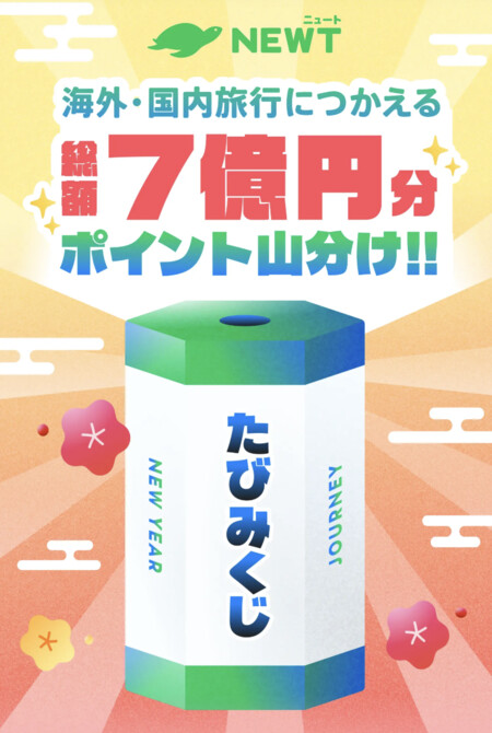 海外・国内旅行に使えるポイント総額7億円分山分けがその場で当たる！NEWT（ニュート）のプレゼントキャンペーン