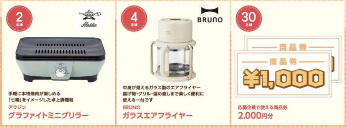 アラジン グラファイトミニグリラー、商品券2,000円分など