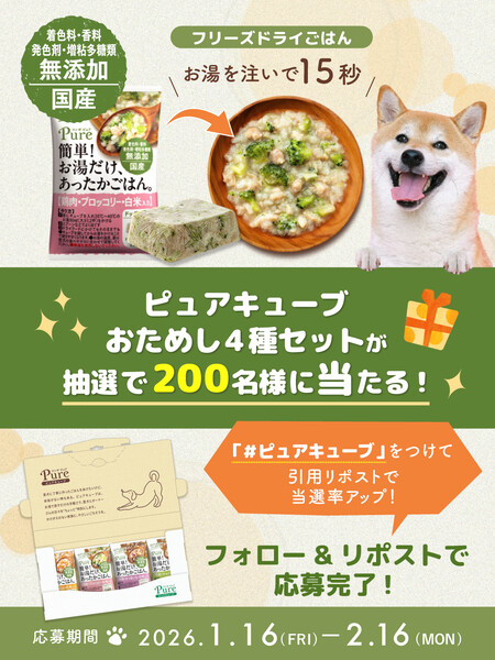 犬用 フリーズドライドッグフード ピュアキューブ おためし4種セットが当たる!日本ペットフードのXプレゼントキャンペーン