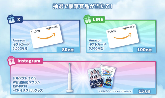 ドルツプレミアム W音波振動ハブラシ、Amazonギフトカード最大5,000円分が当たる！ボートレースのSNSプレゼントキャンペーン