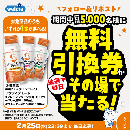 シンクロンコーワ アクティブモード ウエルシア無料引換クーポンがその場で当たるXキャンペーン