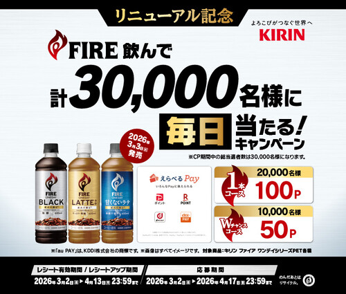 キリン FIRE飲んで 計30,000名様に毎日当たる！キャンペーン