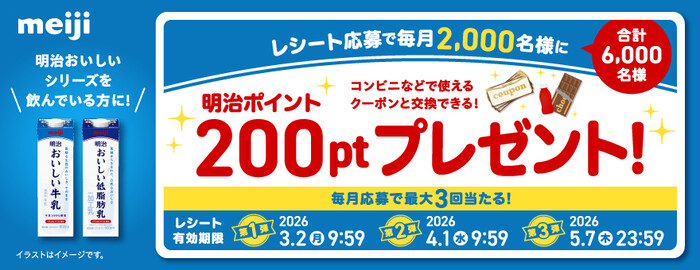  「明治おいしい牛乳シリーズ」のレシートで応募！明治ポイント200ptプレゼントキャンペーン