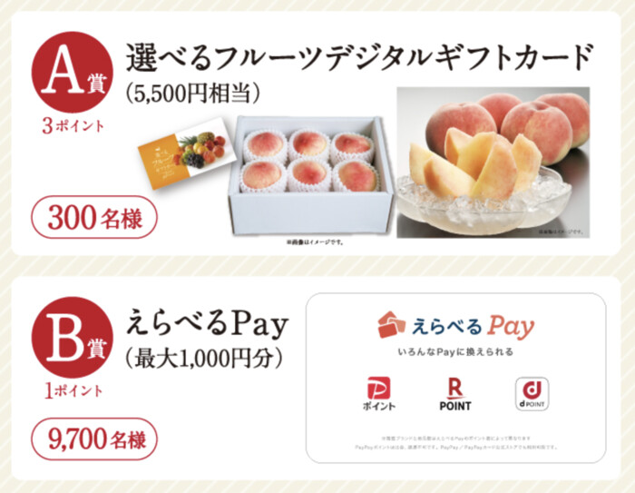 フルーツデジタルギフト5,500円相当、えらべるPay 最大1,000円分