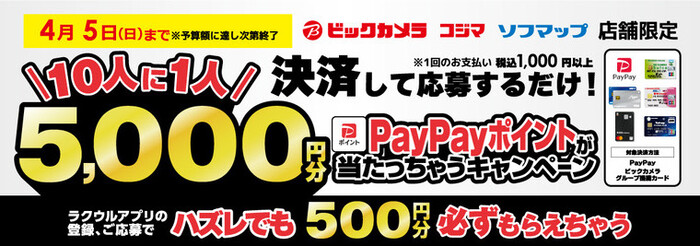 ビックカメラ、コジマ、ソフマップ 10人に1人5,000円分 PayPayポイント当たっちゃうキャンペーン