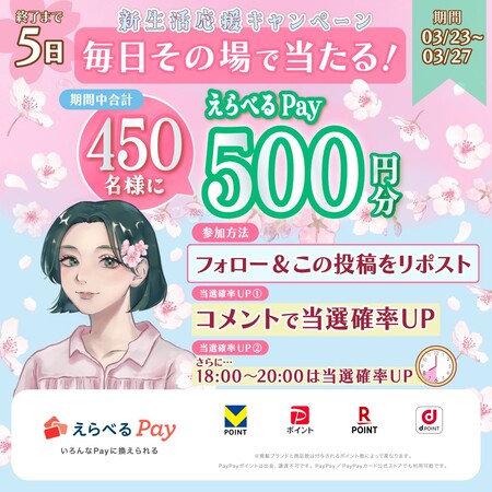 えらべるPay500円分がその場で当たる！SMBCコンシューマーファイナンスのXプレゼントキャンペーン