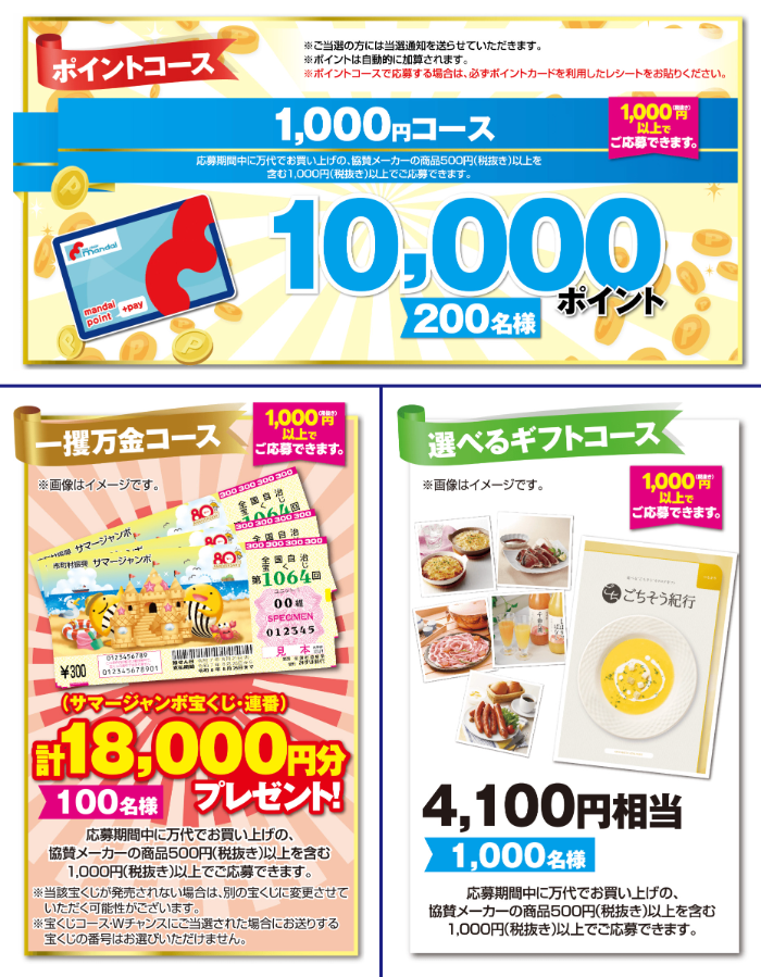 万代ポイント1万円分、サマージャンボ宝くじ最大1.8万円分など