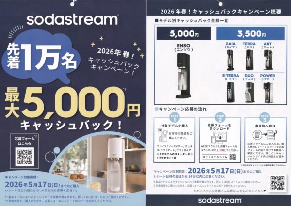 ソーダストリーム 2026年春 キャッシュバックキャンペーン 懸賞ハガキ