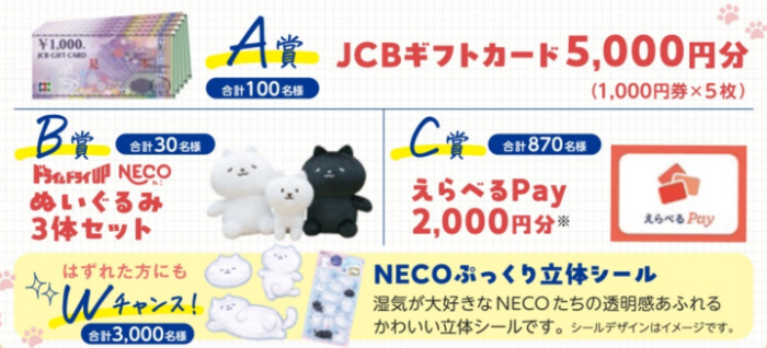 JCBギフトカード5,000円分、ドライ&ドライUP NECO ぬいぐるみ3体など